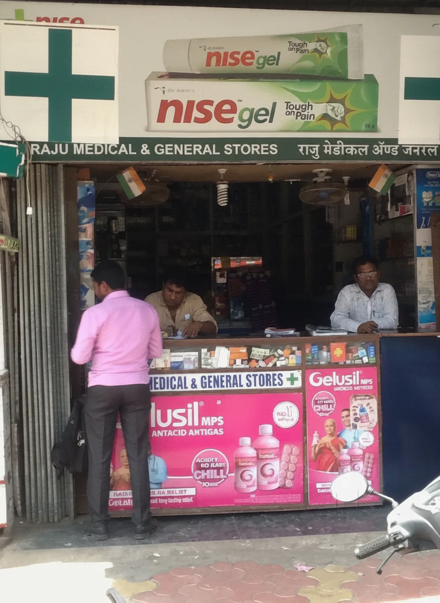 Raju Medical chemist shop storefront on Marve Road in Orlem, Malad West, Mumbai